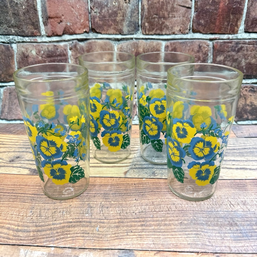 Anchor Hocking Yellow Blue Pansy Glasses Tumblers Floral Set 4 Vintage Retro